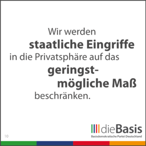 dieBasis - Forderungen - Wir werden staatliche Eingriffe in die Privatsphäre auf das geringstmögliche Maß beschränken.